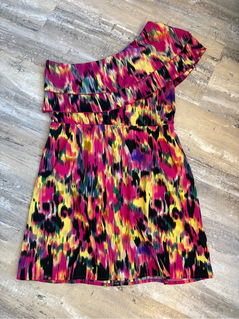 Indulge One-Shoulder Dress in Hot Pink, Yellow and Black Abstract Print